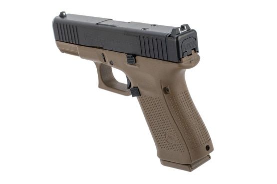 Glock 19 Gen5 MOS 9mm pistol in FDE has a nDLC finish on all major metal components